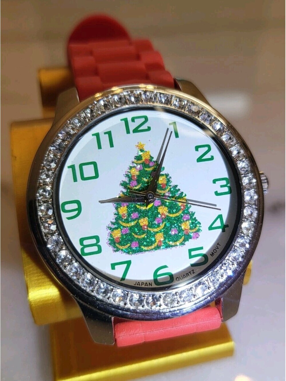 New Vtg Christmas Tree Watch Quartz Silvertone Rhinestones New Battery Working